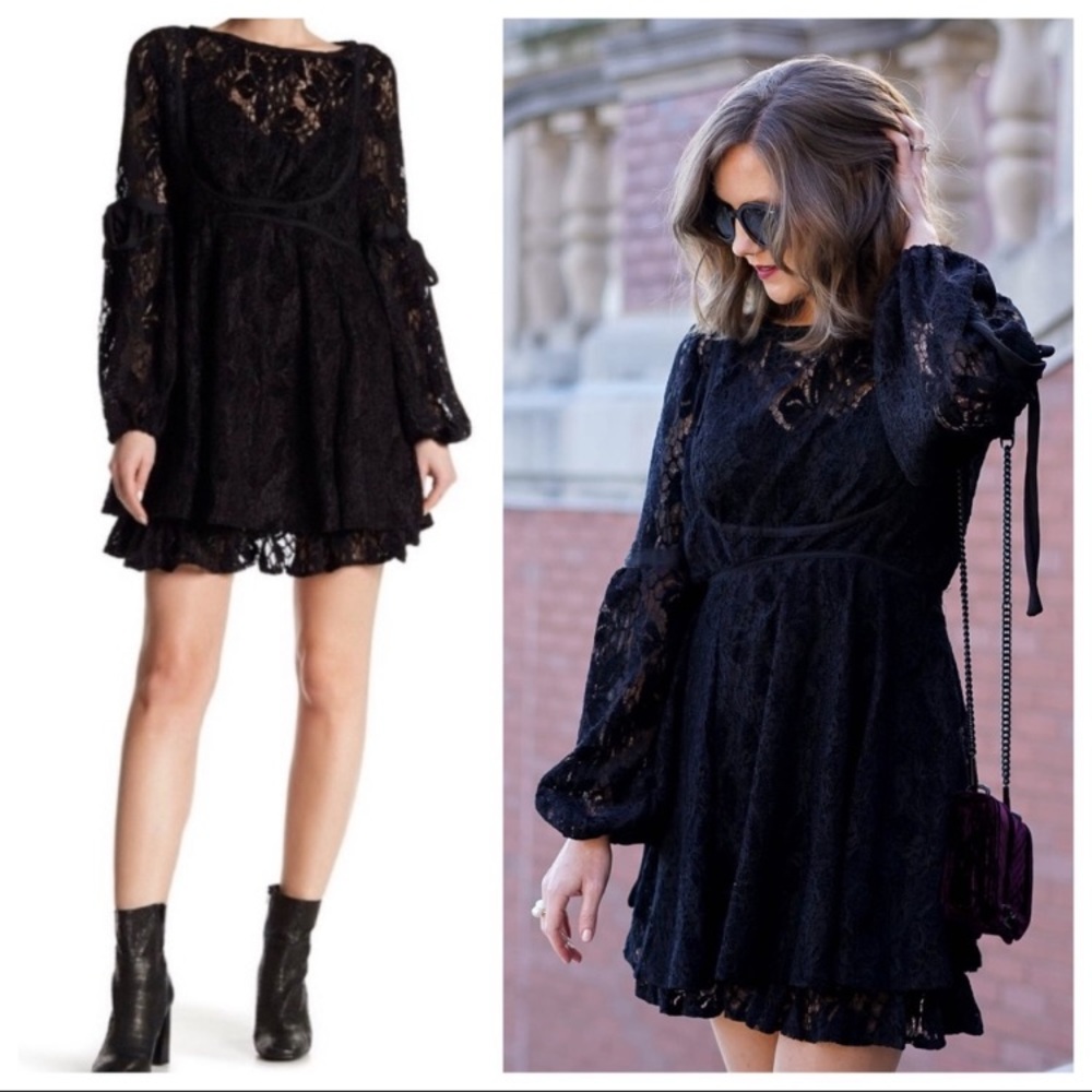 Free People Ruby Black Lace Velvet Long Sleeve Mini Dress Women’s Sz Small NEW